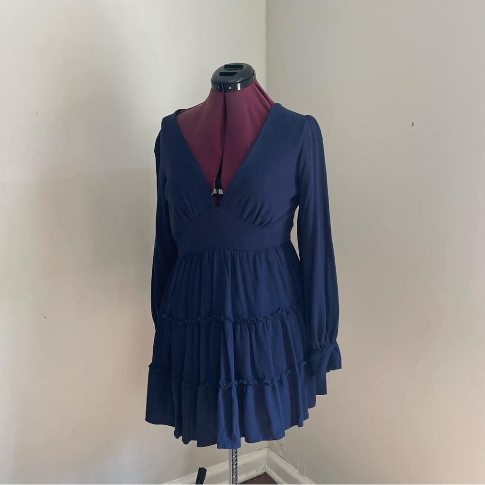 Windsor Midi V-cut Long Sleeve Navy Blue Formal/Cocktail Dress